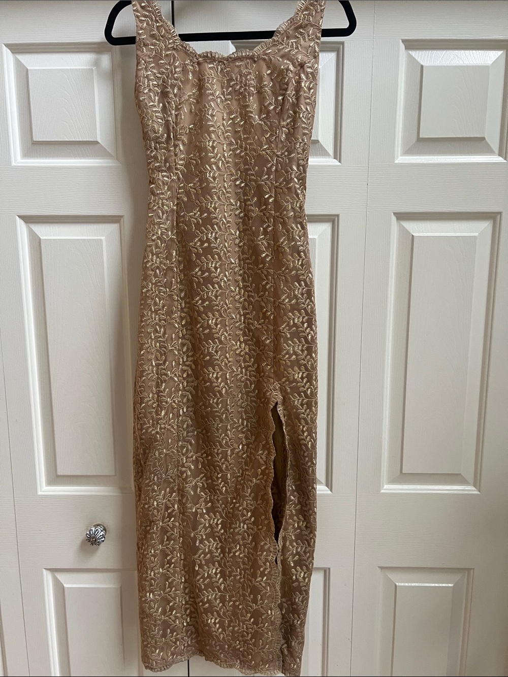 Custom Gold Lace Slip Style Dress with Side Slit